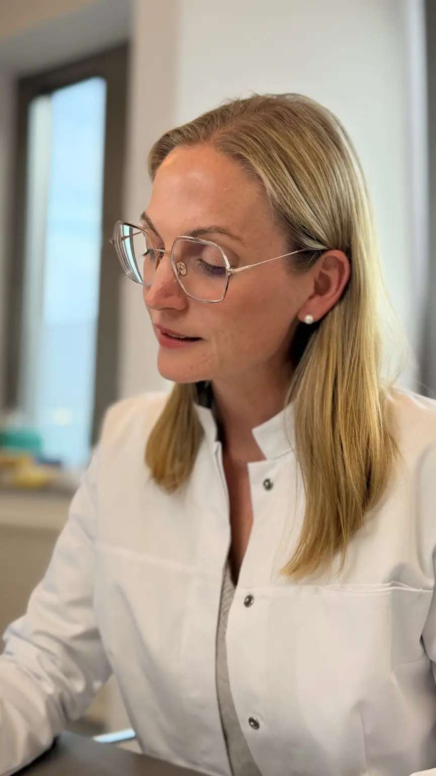 Prof. Dr. med. Anke Lührs in weißem Kittel mit Brille, den Blick nach unten gerichtet